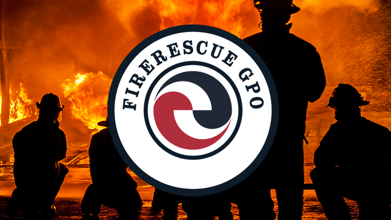 FireRescue GPO logo on a background photo of firefighters battling a large blaze