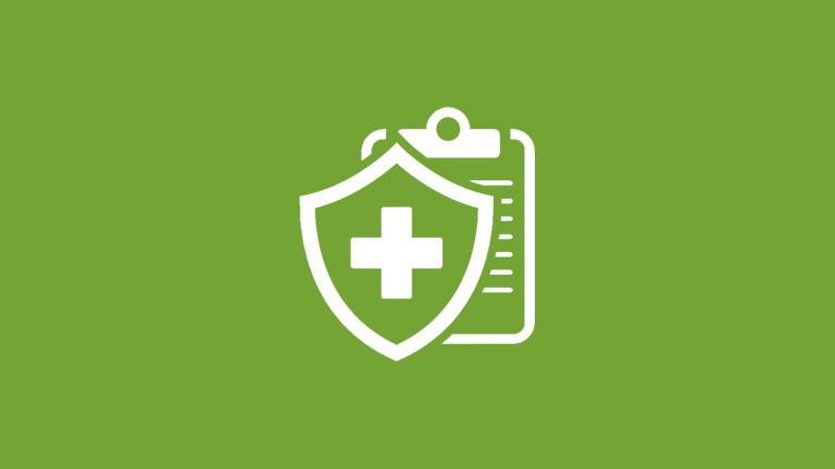 A shield icon over a medical clipboard representing medical insurance