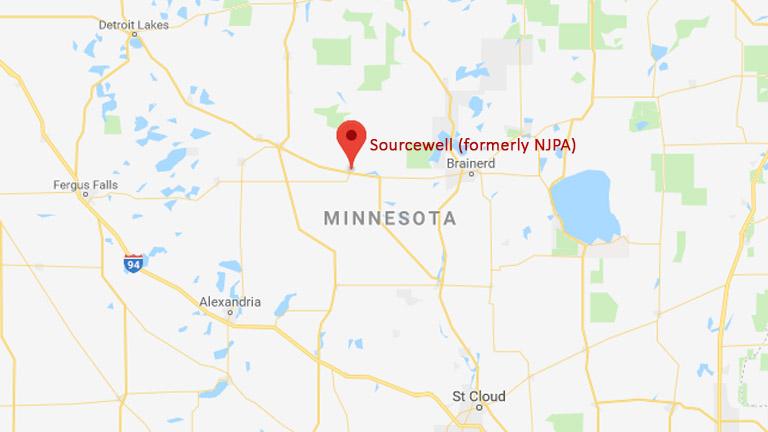 Map of Minnesota with a pin for Sourcewell (formerly NJPA) in Staples, MN