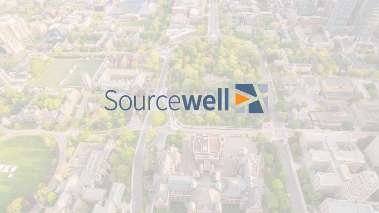 Sorucewell logo overlaying a aerial view of a city